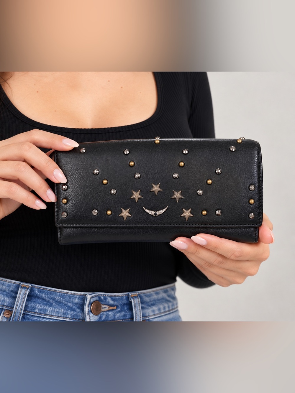 Zadig & Voltaire Black Leather Studded Star Continental Wallet
